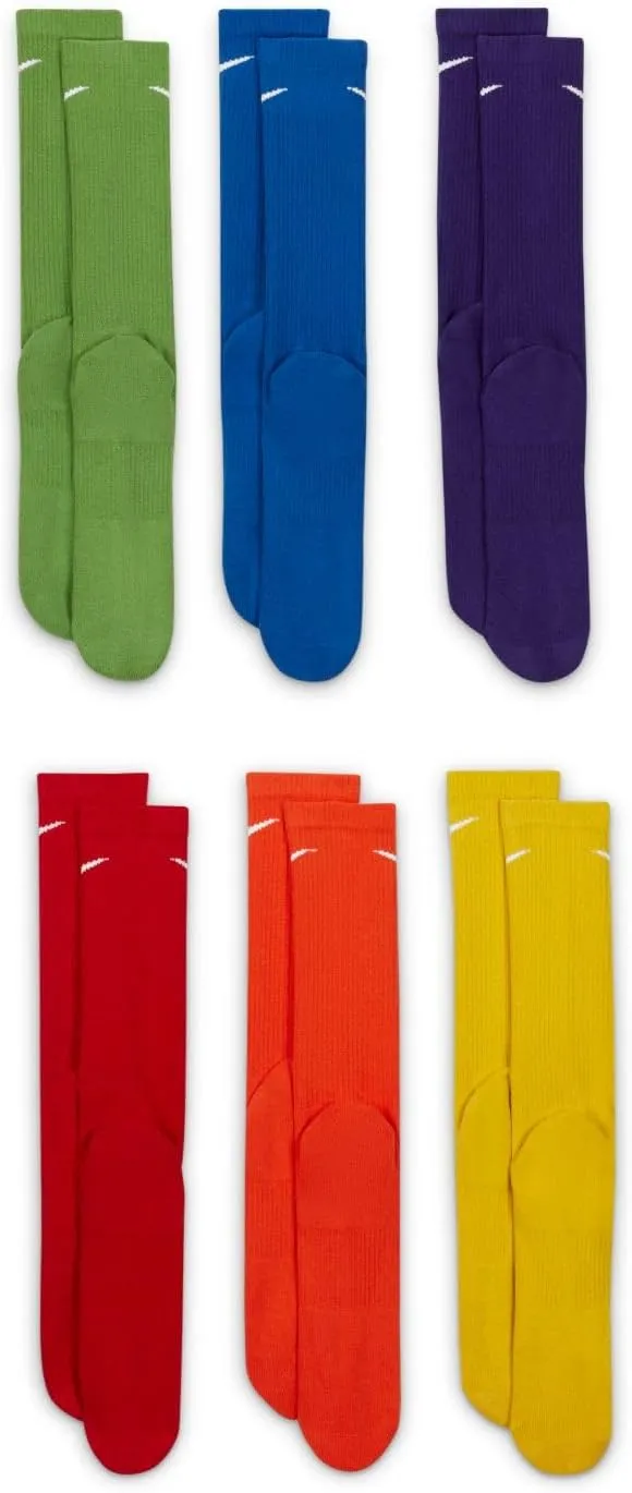 Nike 6 Pack Sports Dri-Fit Moisture Wicking Athletic Crew Socks Red Yellow Blue Green Purple Orange White