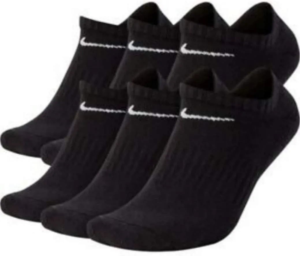 NIKE Dri-Fit Training Everyday Cotton Cushioned No Show Socks 6 PAIR Black with White Signature Swoosh Logo) LARGE 8-12