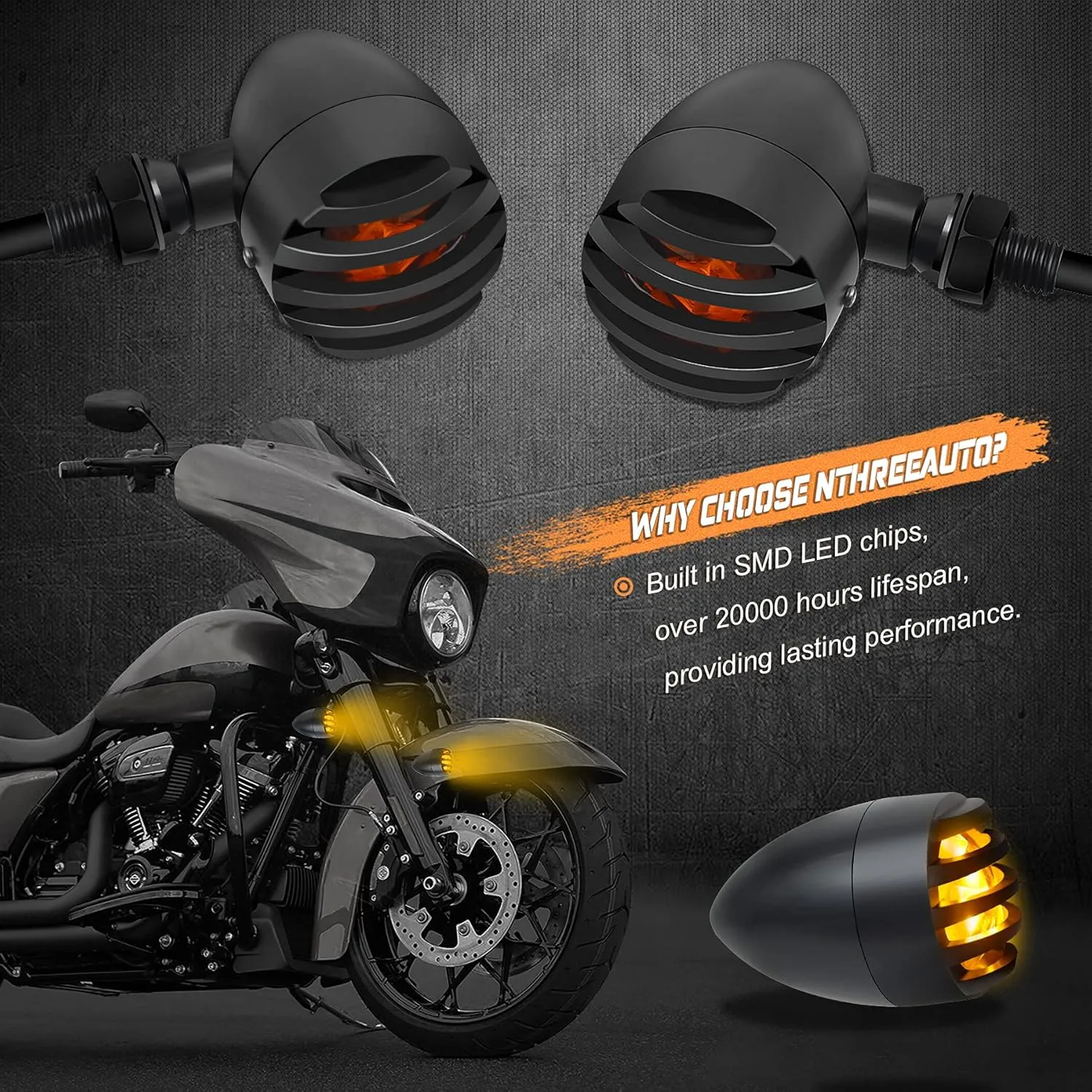 NTHREEAUTO Motorcycle Blinkers, Waterproof Aluminum Bullet LED Turn Signals, Universal Amber Indicator Light Compatible with Harley Dyna, Honda, Yahama, Bobber,Suzuki and Kawasaki 12V Motorbikes