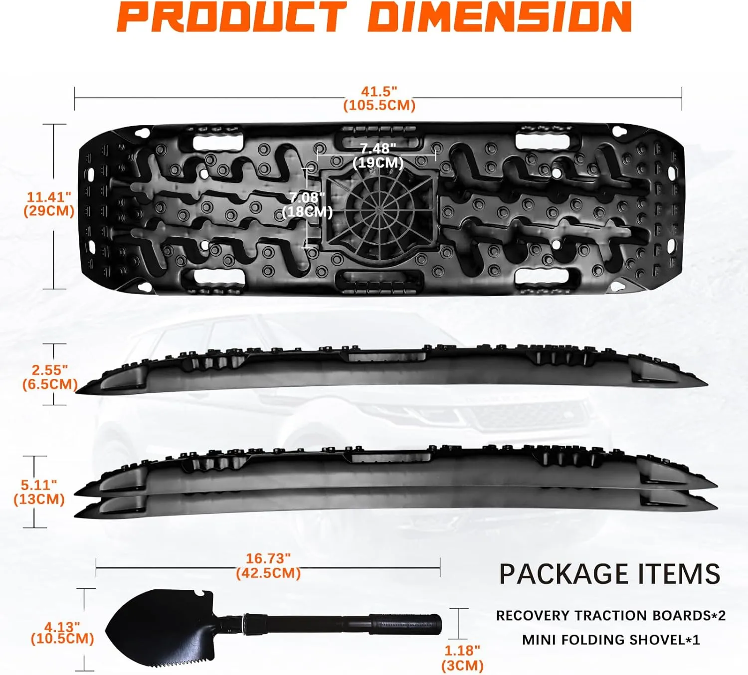 Off Road Traction Boards, 2 PCS Recovery Traction Tracks for 4WD Mud, Snow, Ice, Sand - Including Carry Bag & Mini Folding Shovel