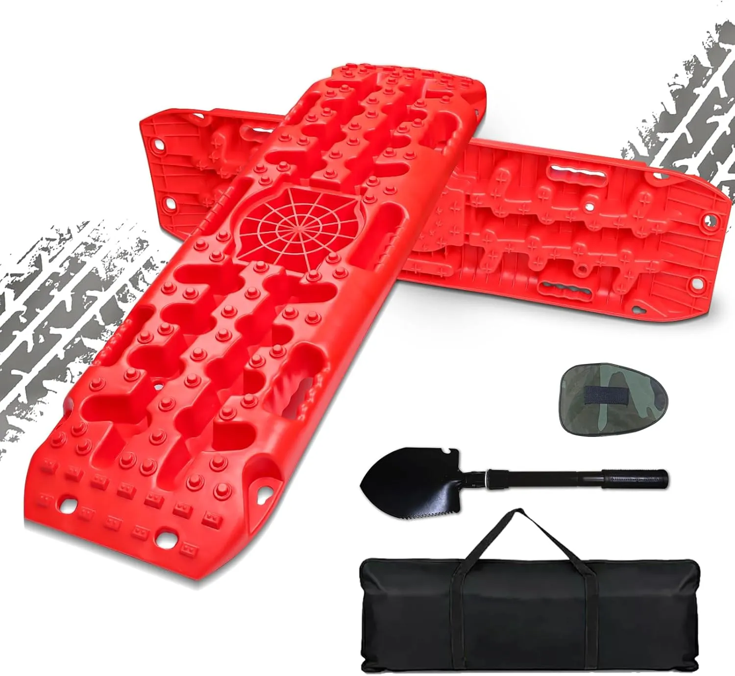 Off Road Traction Boards, 2 PCS Recovery Traction Tracks for 4WD Mud, Snow, Ice, Sand - Including Carry Bag & Mini Folding Shovel
