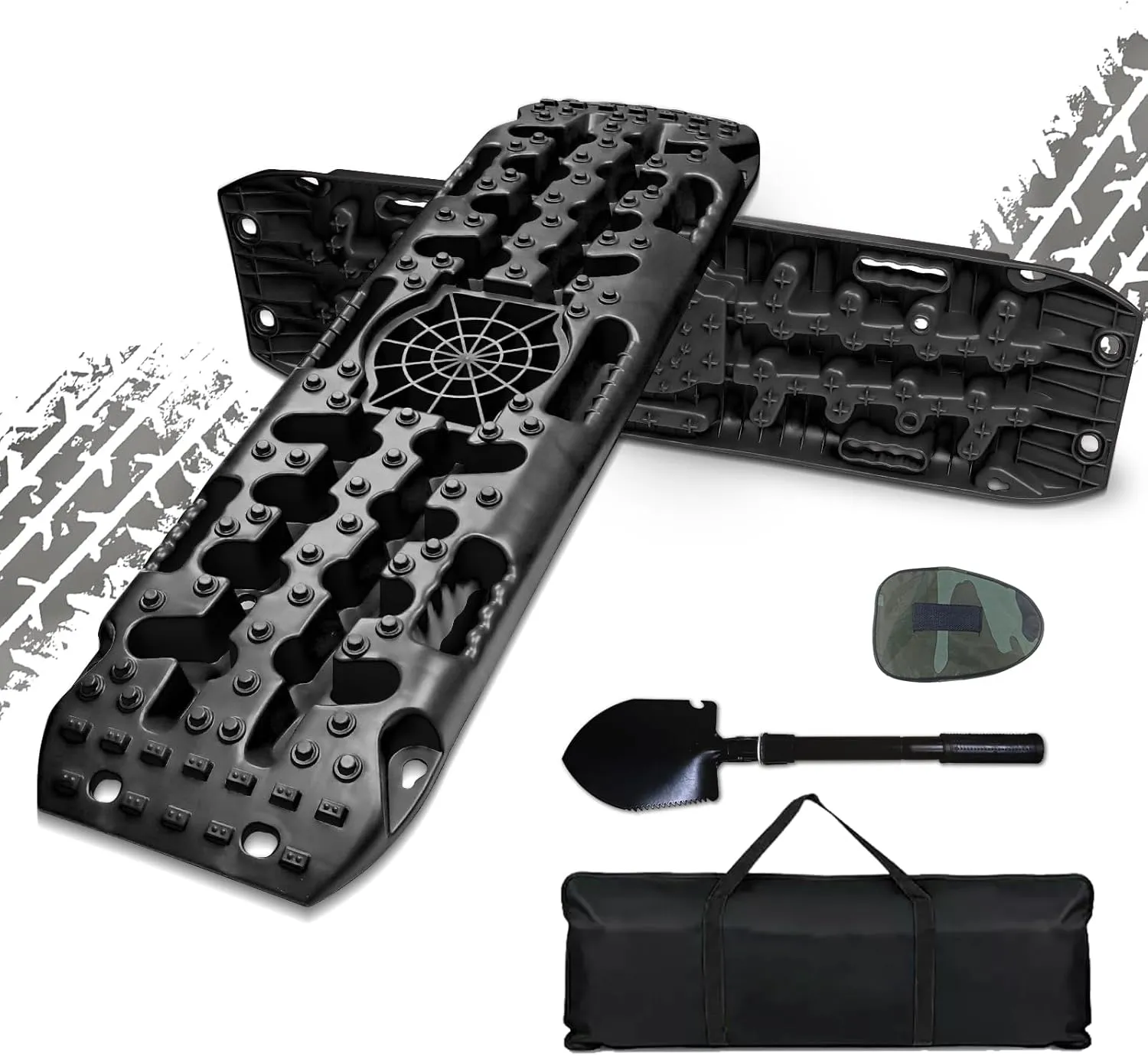 Off Road Traction Boards, 2 PCS Recovery Traction Tracks for 4WD Mud, Snow, Ice, Sand - Including Carry Bag & Mini Folding Shovel