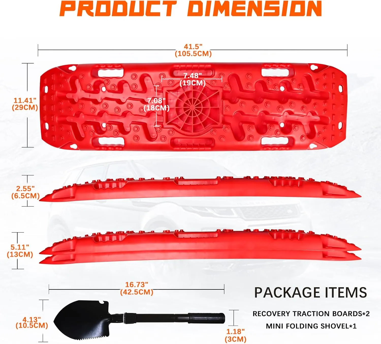 Off Road Traction Boards, 2 PCS Recovery Traction Tracks for 4WD Mud, Snow, Ice, Sand - Including Carry Bag & Mini Folding Shovel
