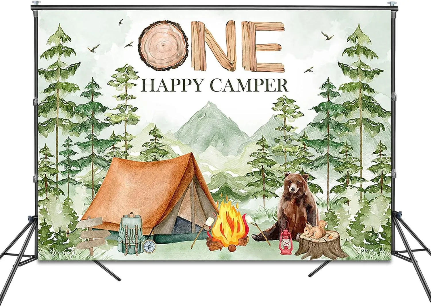 One Happy Camper Backdrop 7x5ft Forest Camping Boys' 1st Birthday Background Party Decorations Boy's Adventure Happy Camper First Birthday Banner Photo Booth Props