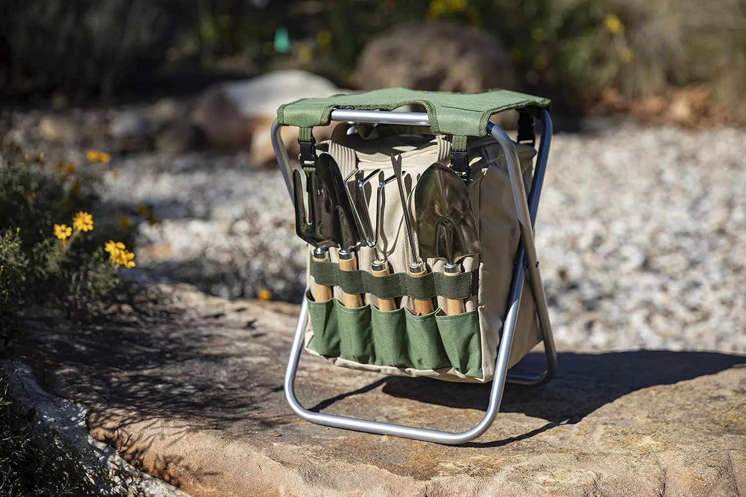 ONIVA - a Picnic Time brand Gardener Folding Seat with Tools, Garden Stool with Detachable Storage Tote Bag, Portable Chair Seat with Garden Tools Set Organizer, Olive Green with Beige Accents
