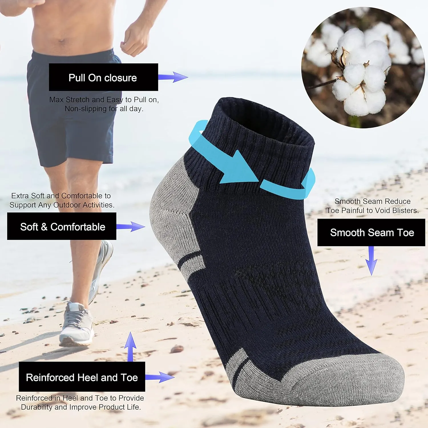 Ortis Cotton Moisture Wicking Mesh Ventilating Running Cushion Low Cut Socks for Men 10 Pack