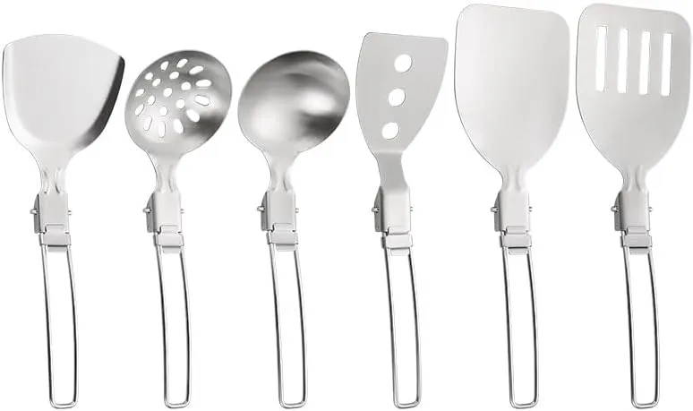 Outdoor Folding Kitchenware Six Piece Set for Camping and Traveling Portable 304 Stainless Steel Fry Pot Shovel, Soup Spoon, Meal Kitchenware