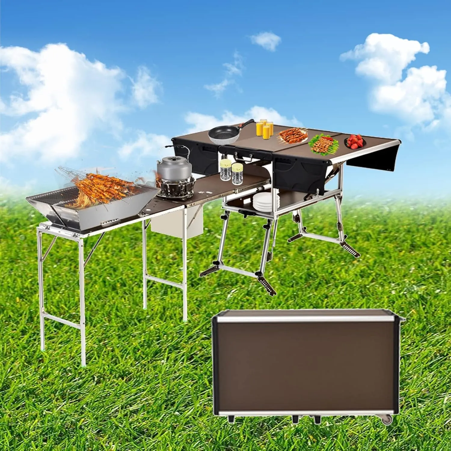 Outdoor Master Cook Station Aluminum Camping Table,Easy Carry Picnic Folding Table with kitchenware and Stove for RV BBQ Cooking Outdoor, Package 2