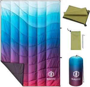 Outdoor Puffy Camping Blanket, Lightweight Packable Down Alternative Printed Camp Large Ultra Warm Hammock Top Quilt Waterproof Blanket with Ground Sheet for Traveling Picnic Beach