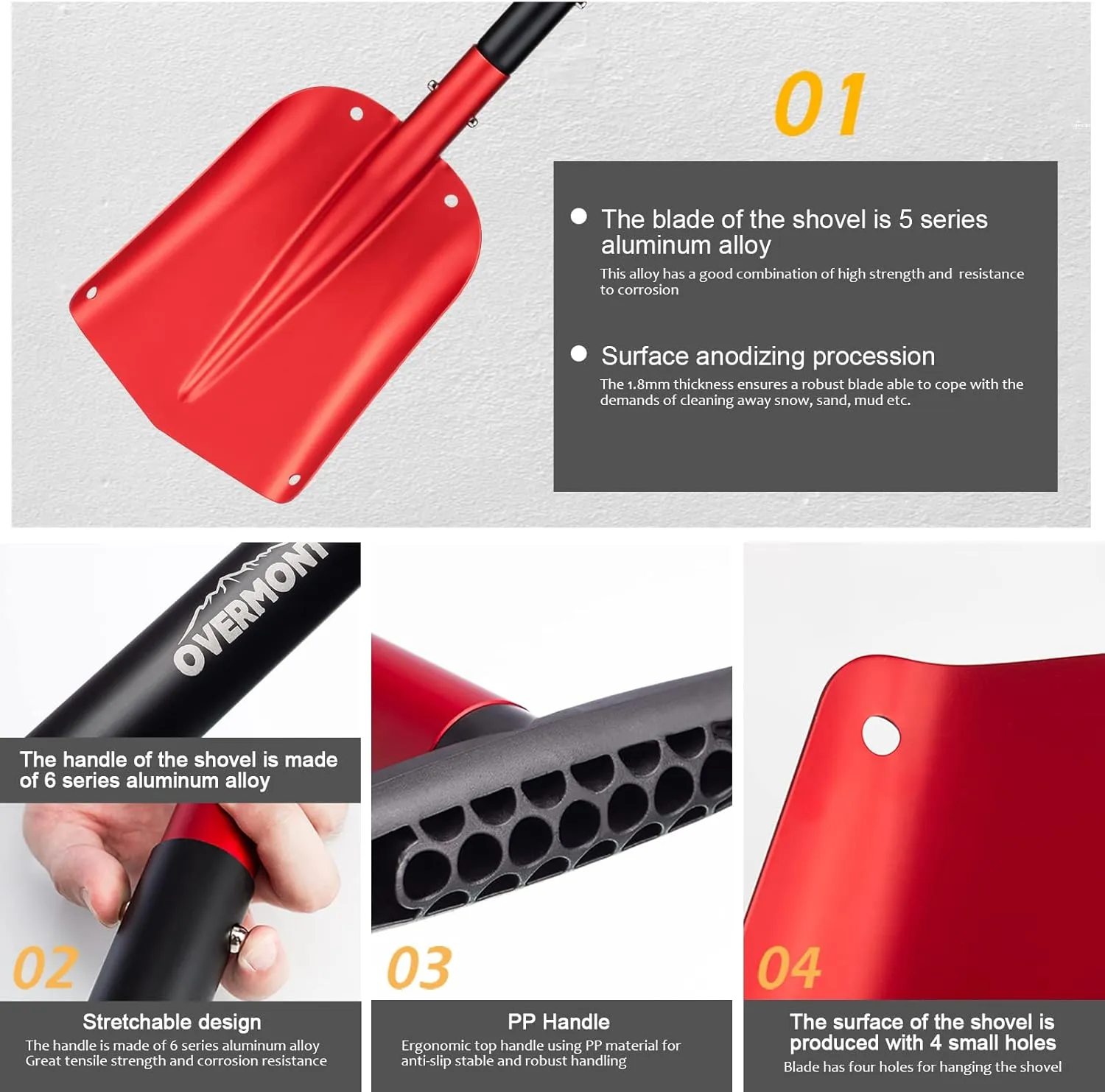 Overmont Folding Emergency Snow Shovel for Car - 32" 42" Small & Compact Tool with Ice Scraper and Carrying Bag- Lightweight Aluminum Shovels for Snow Camping Skiing Snowmobiles