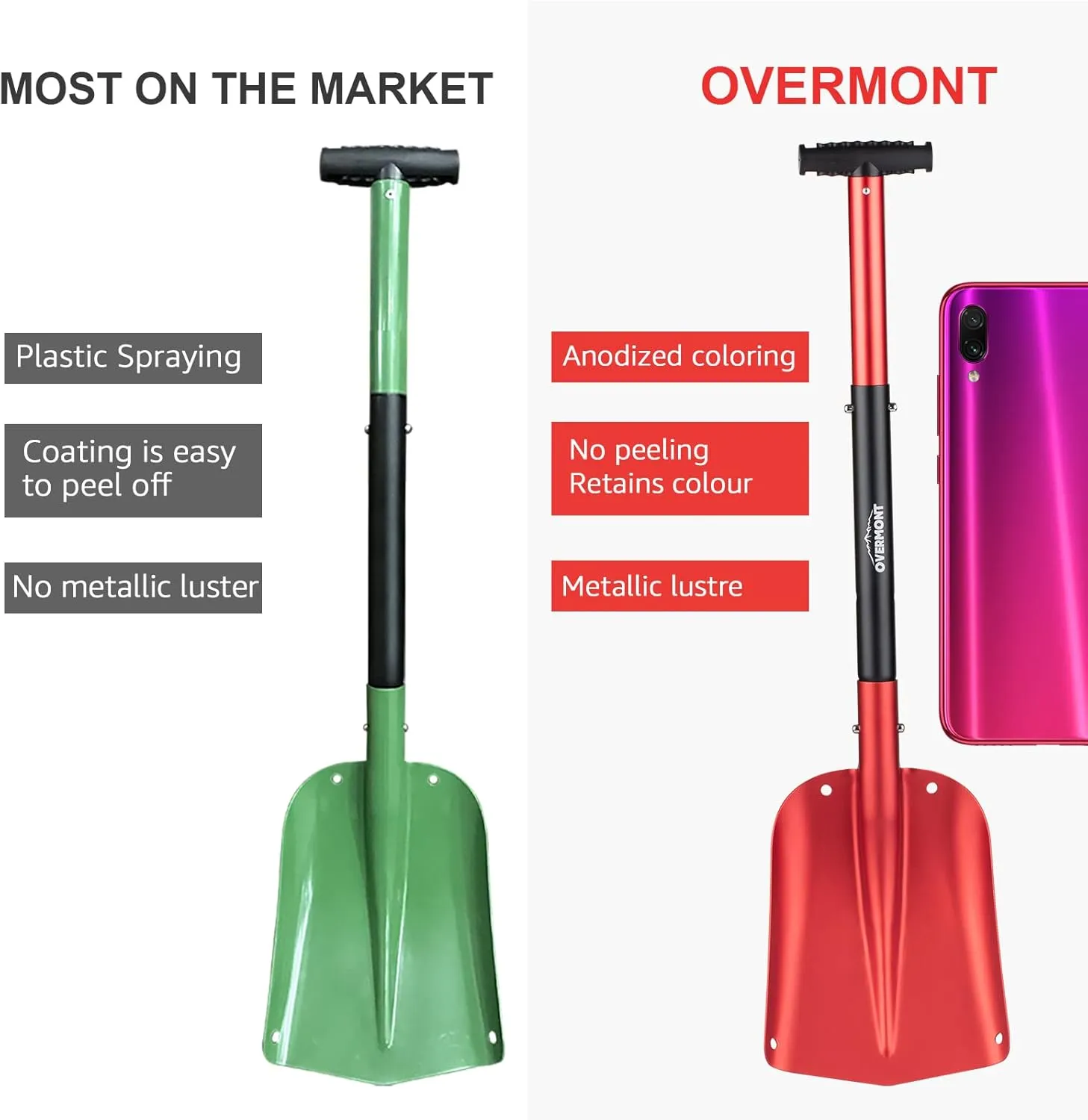 Overmont Folding Emergency Snow Shovel for Car - 32" 42" Small & Compact Tool with Ice Scraper and Carrying Bag- Lightweight Aluminum Shovels for Snow Camping Skiing Snowmobiles