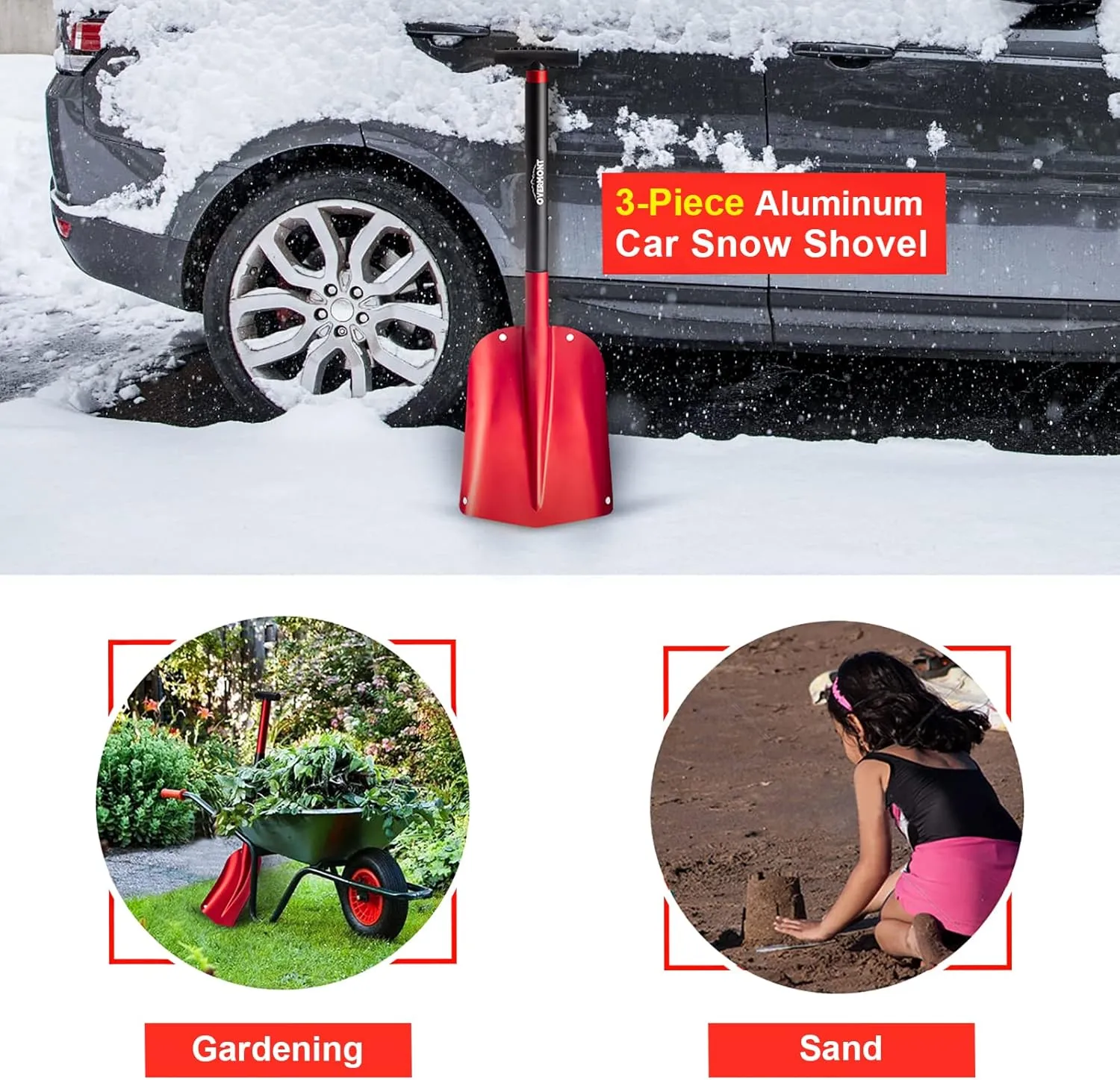 Overmont Folding Emergency Snow Shovel for Car - 32" 42" Small & Compact Tool with Ice Scraper and Carrying Bag- Lightweight Aluminum Shovels for Snow Camping Skiing Snowmobiles