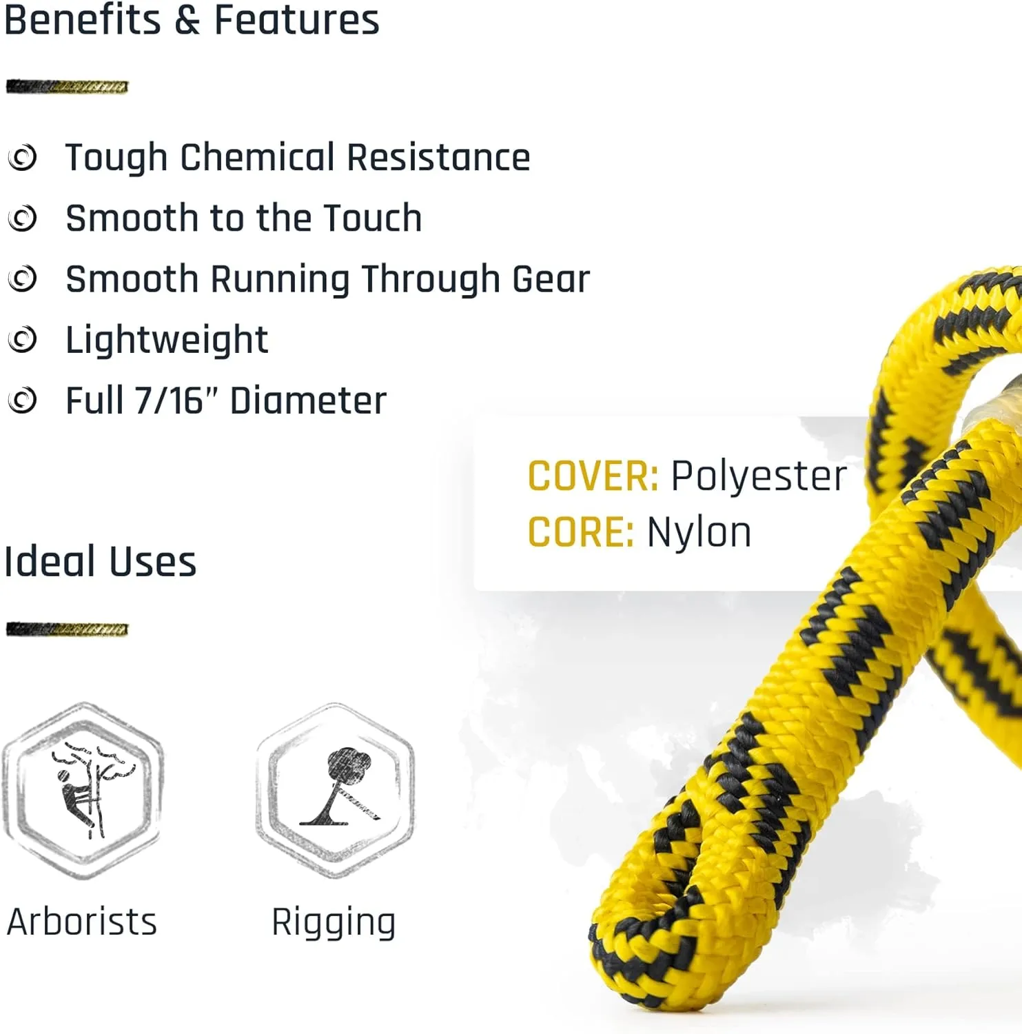 Pelican Rope 24-Strand 7/16 in (11 mm), USA Made Arborist Rope - 7,000 lb MBS - Static Climbing Rope - Lightweight - Arborist-24™ - 200 Ft - Plain End - Yellow Black