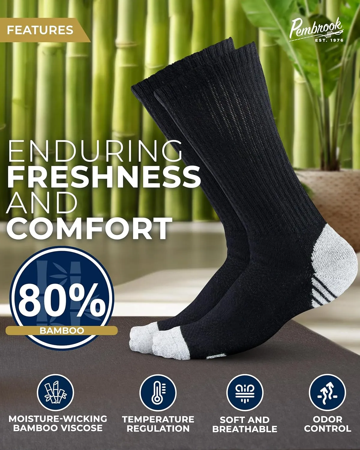Pembrook 3 Pairs Viscose Bamboo Socks Mens - Premium Crew Work Socks, Moisture Wicking Socks Men for Hiking, Work Boot Socks