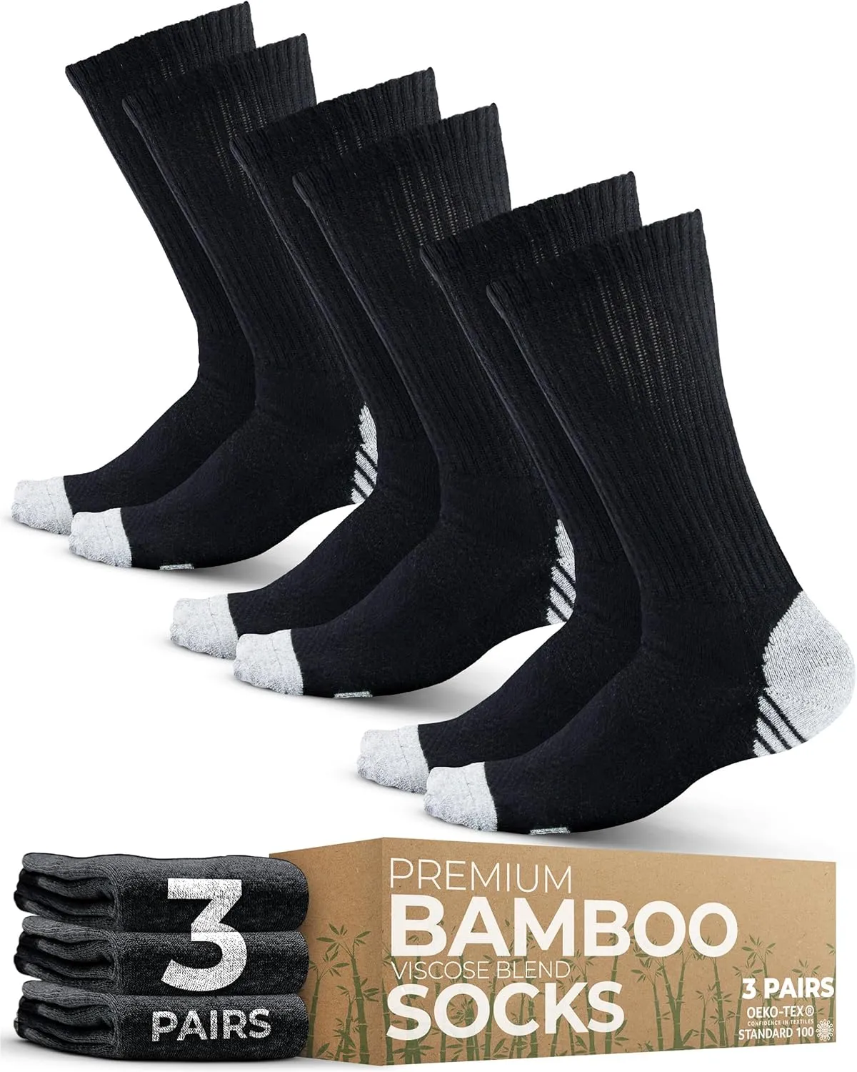 Pembrook 3 Pairs Viscose Bamboo Socks Mens - Premium Crew Work Socks, Moisture Wicking Socks Men for Hiking, Work Boot Socks