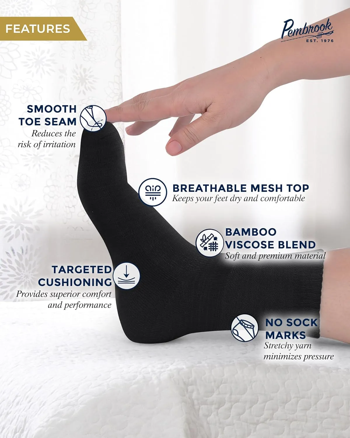 Pembrook Bamboo Viscose Diabetic Socks for Women & Men - 6 Pairs Ankle Diabetic Socks for Men 9-12 for Swollen Feet & Neuropathy | Moisture Wicking | Black
