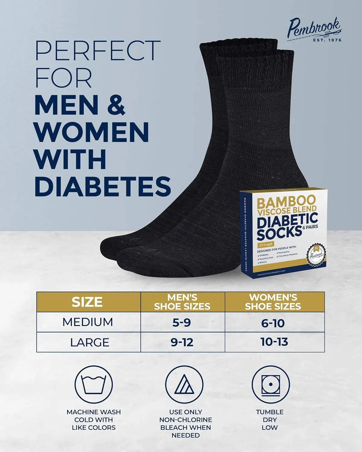 Pembrook Bamboo Viscose Diabetic Socks for Women & Men - 6 Pairs Ankle Diabetic Socks for Men 9-12 for Swollen Feet & Neuropathy | Moisture Wicking | Black