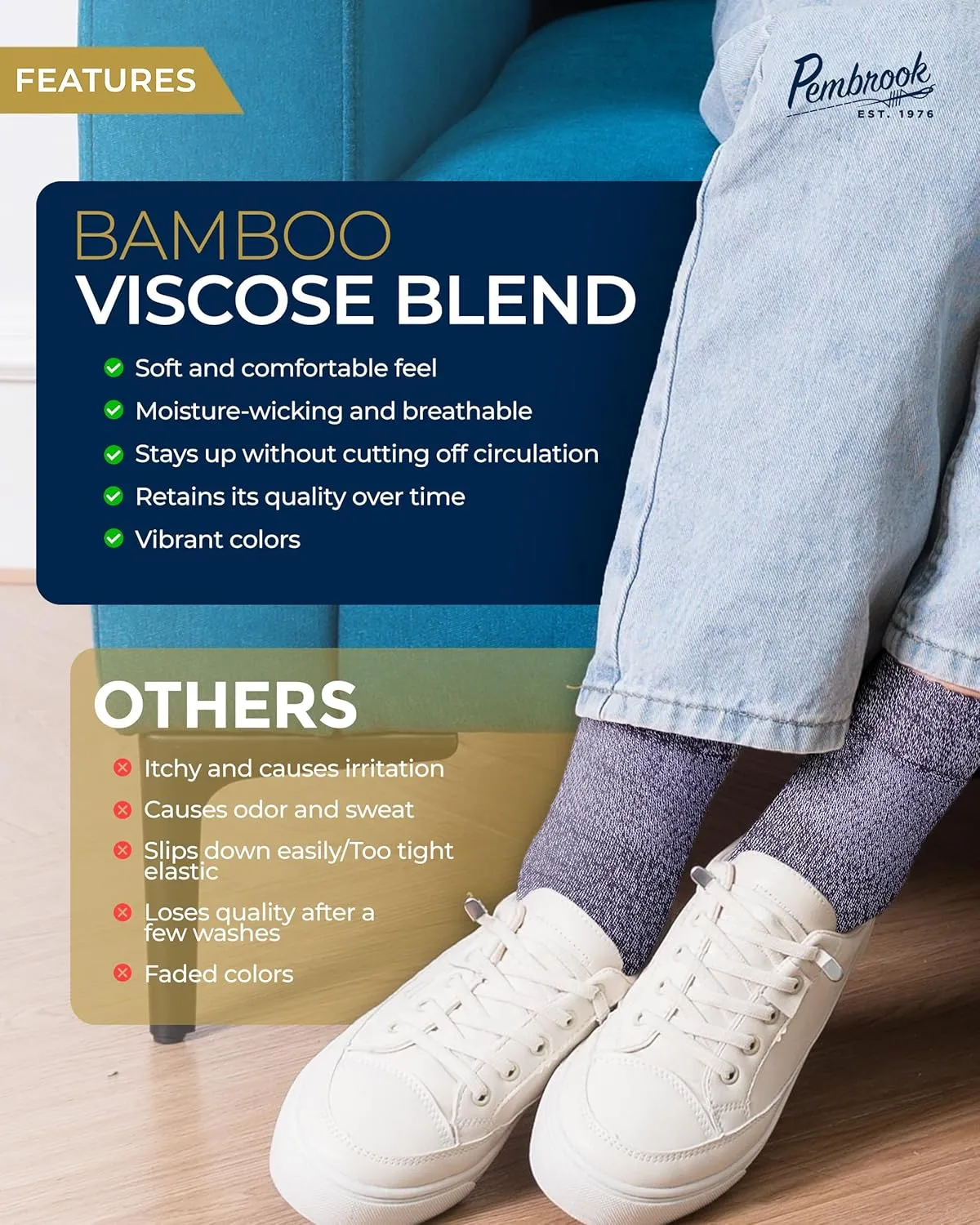 Pembrook Bamboo Viscose Diabetic Socks for Women & Men - 6 Pairs Ankle Neuropathy Socks for Swollen Feet | Heel-Toe Accents