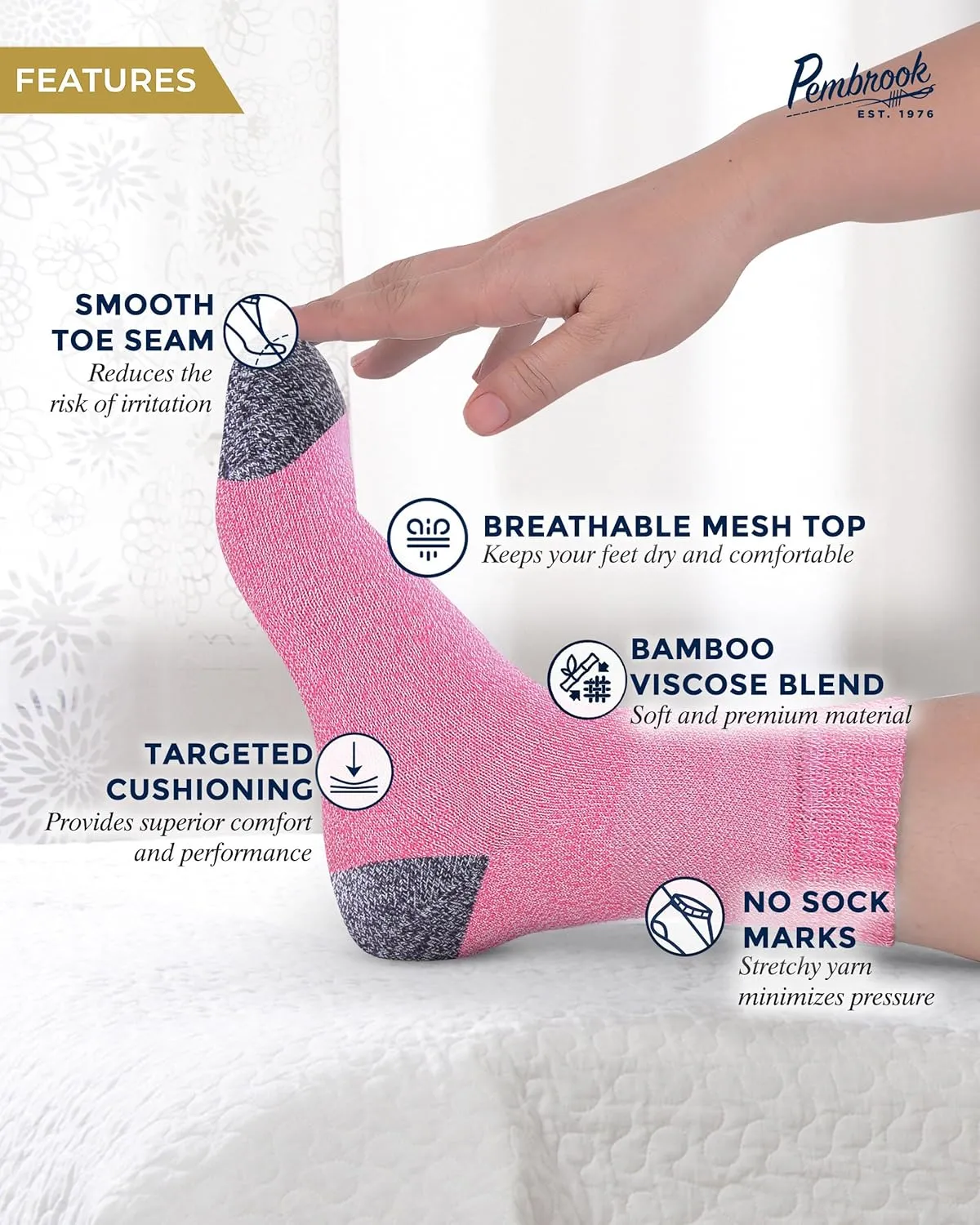 Pembrook Bamboo Viscose Diabetic Socks for Women & Men - 6 Pairs Ankle Neuropathy Socks for Swollen Feet | Heel-Toe Accents