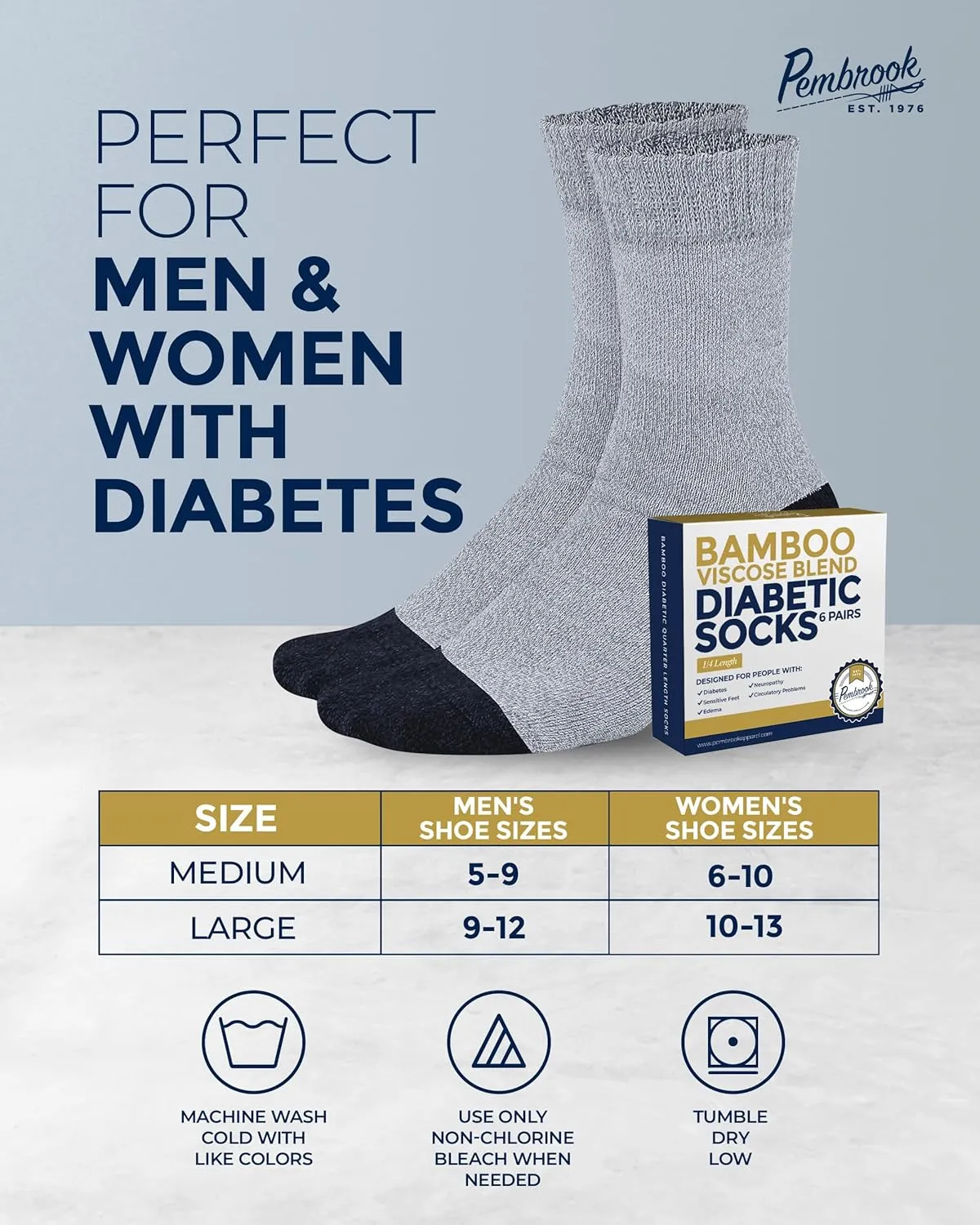Pembrook Bamboo Viscose Diabetic Socks for Women & Men - 6 Pairs Ankle Neuropathy Socks for Swollen Feet | Heel-Toe Accents