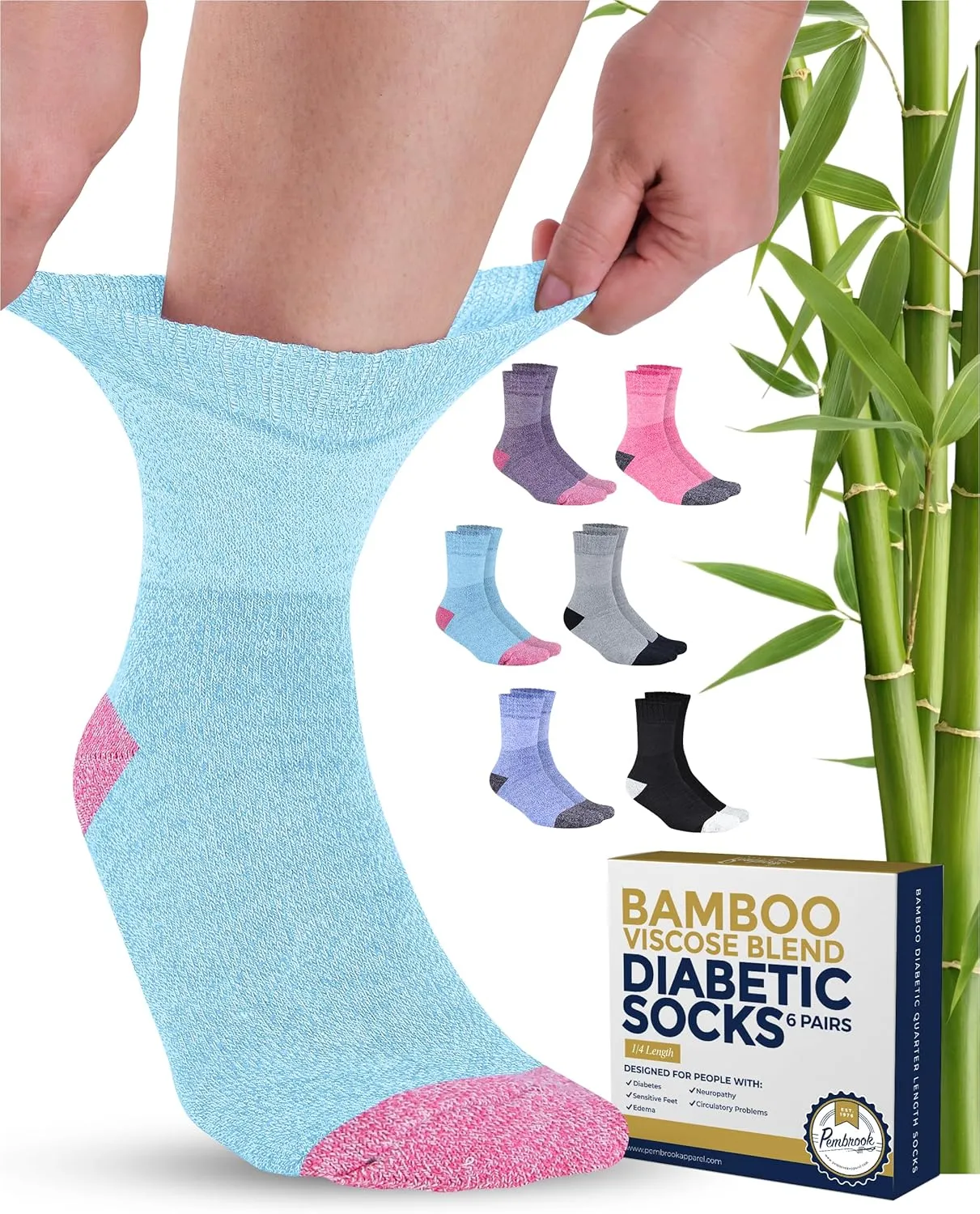 Pembrook Bamboo Viscose Diabetic Socks for Women & Men - 6 Pairs Ankle Neuropathy Socks for Swollen Feet | Heel-Toe Accents