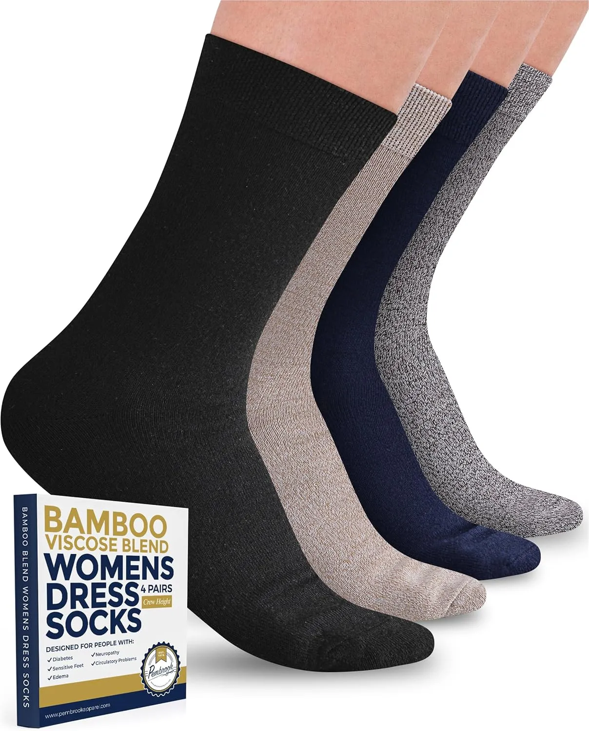 Pembrook Bamboo Viscose Dress Socks Women - 4 Pairs Crew Trouser Socks Women | Moisture Wicking Thin Socks Women