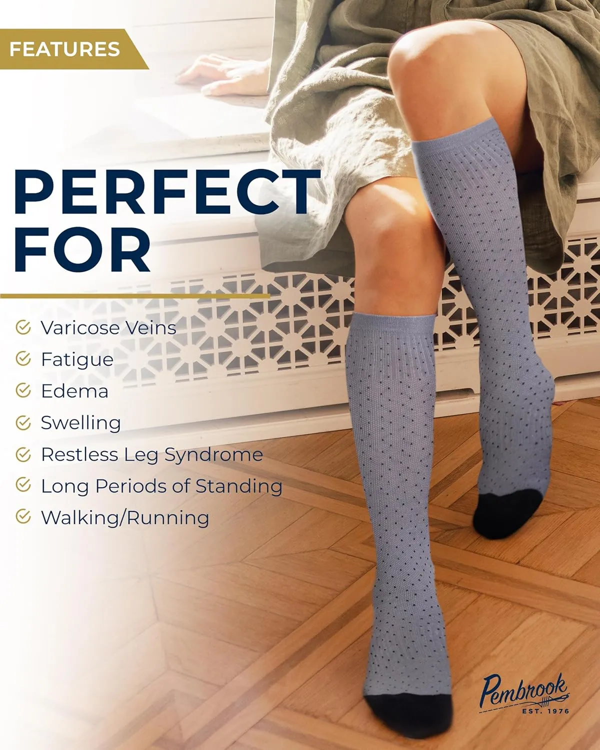 Pembrook Bamboo Viscose Light Compression Socks - 3 Pairs | 8-15 mmhg Compression Socks | Knee High Comfort Support Socks