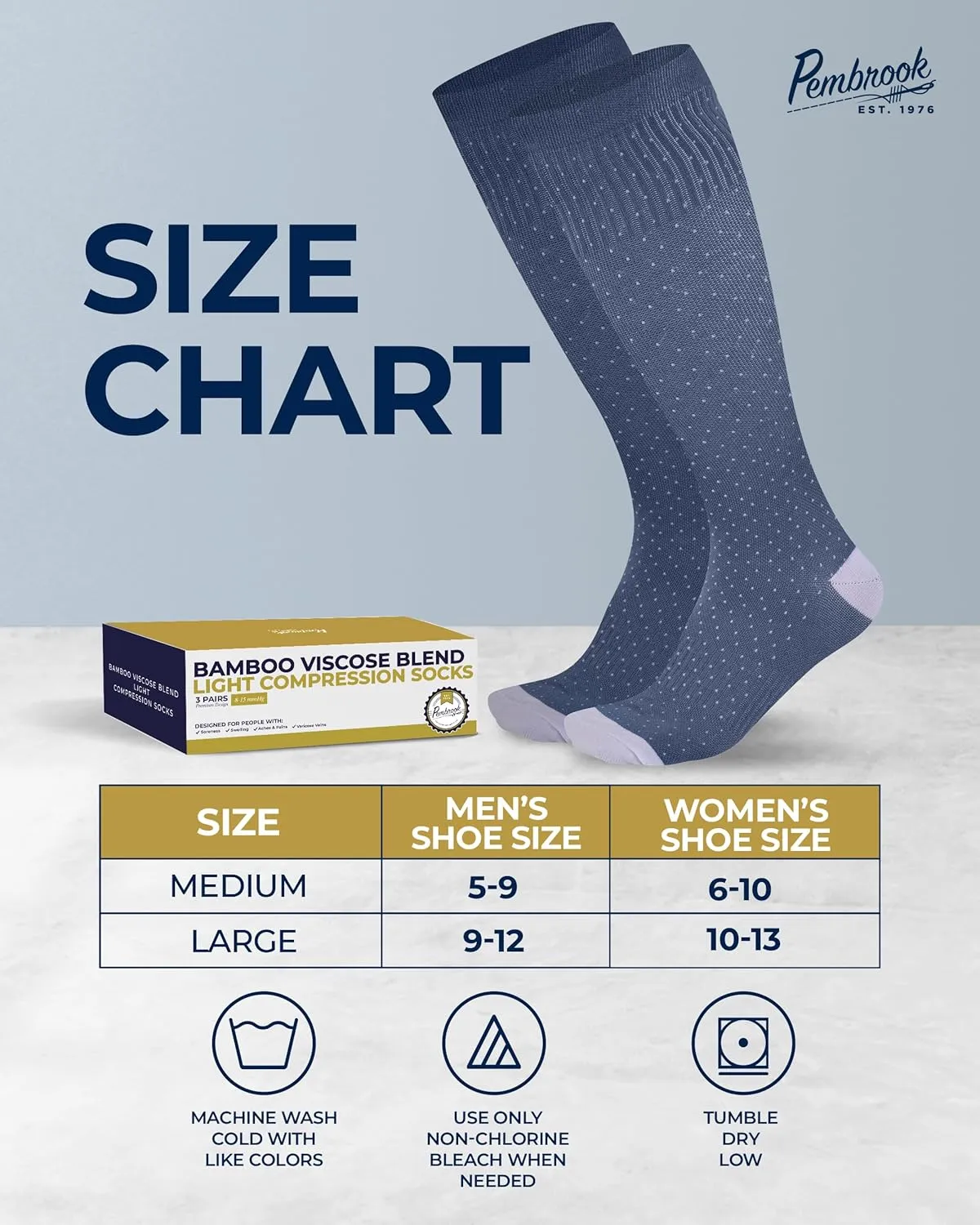 Pembrook Bamboo Viscose Light Compression Socks - 3 Pairs | 8-15 mmhg Compression Socks | Knee High Comfort Support Socks