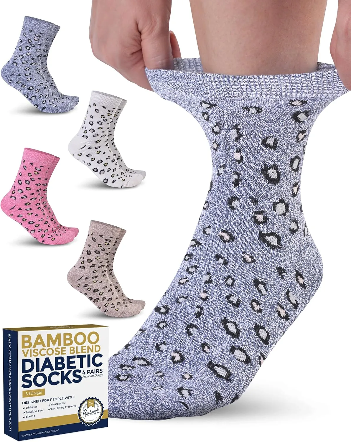 Pembrook Diabetic Socks for Women & Men - 4 Pairs Ankle Bamboo Viscose Socks Woman | Womens Diabetic Socks Size 9-11