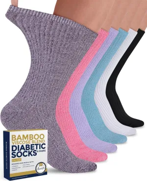 Pembrook Ribbed Knit Bamboo Viscose Diabetic Socks - 6 Pairs Crew Neuropathy Socks for Women | Diabetic Socks for Women