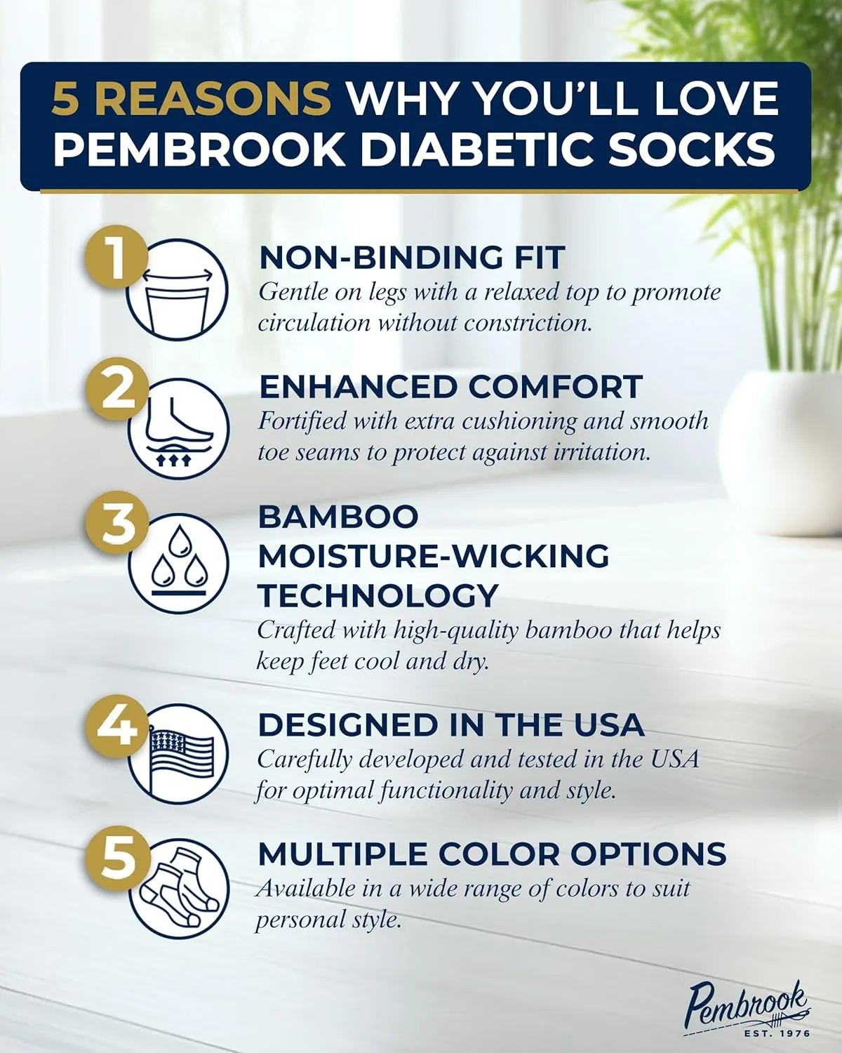 Pembrook Ribbed Knit Bamboo Viscose Diabetic Socks - 6 Pairs Crew Neuropathy Socks for Women | Diabetic Socks for Women