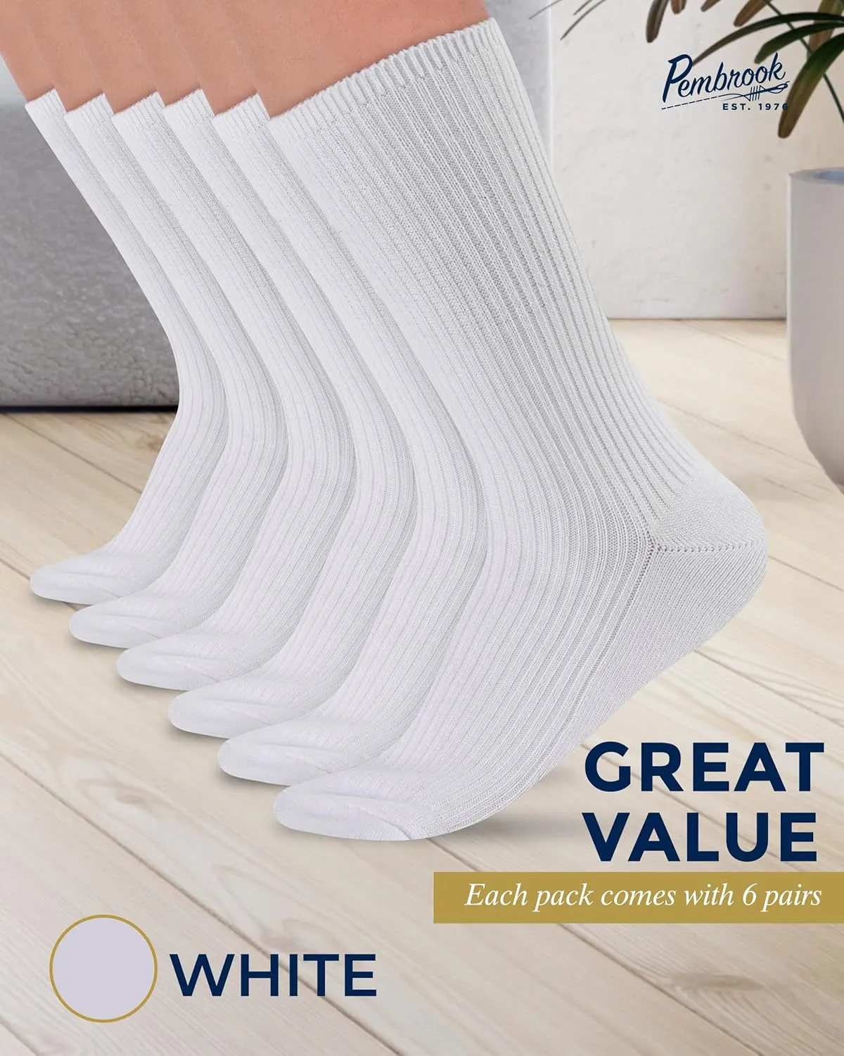 Pembrook Ribbed Knit Bamboo Viscose Diabetic Socks - 6 Pairs Crew Neuropathy Socks for Women | Diabetic Socks for Women