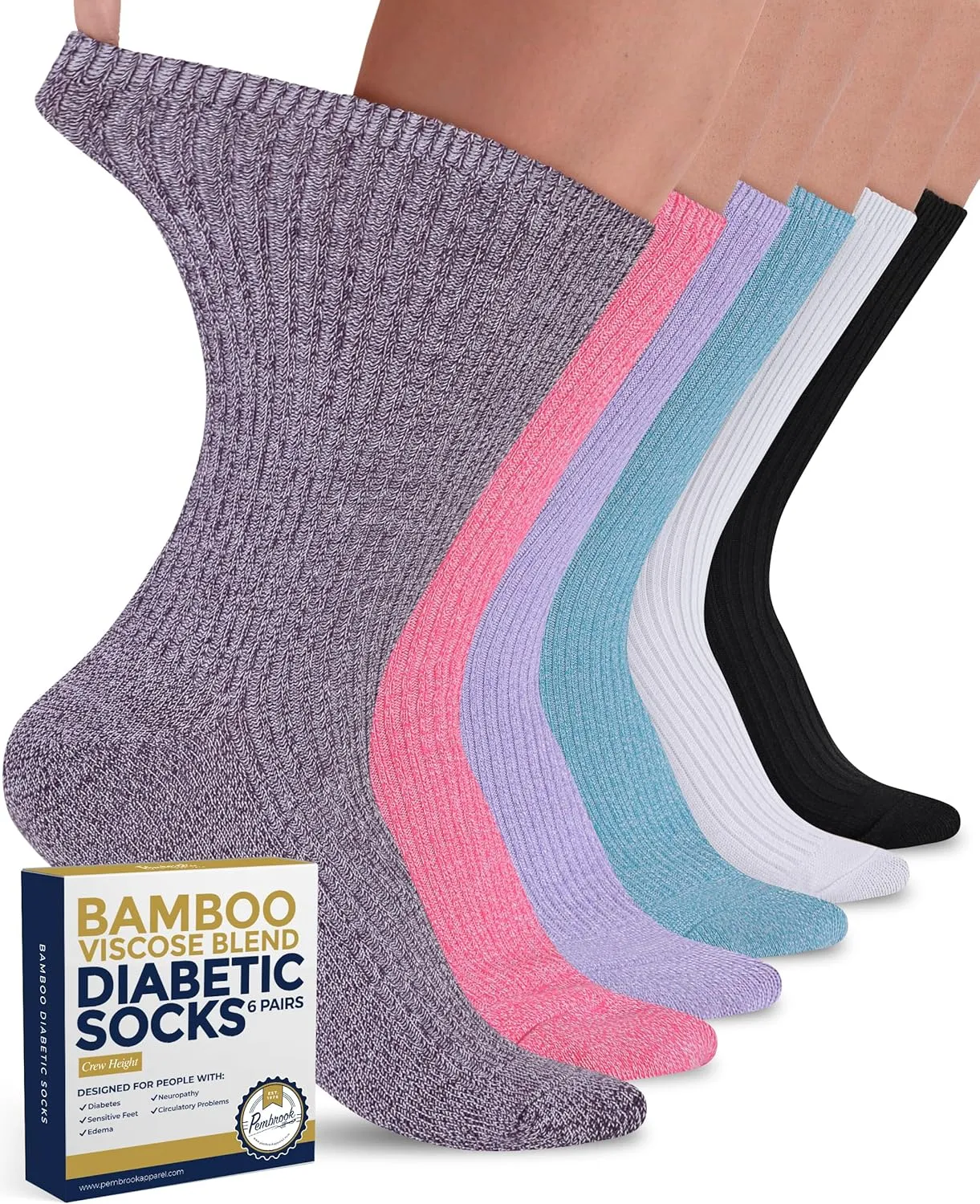 Pembrook Ribbed Knit Bamboo Viscose Diabetic Socks - 6 Pairs Crew Neuropathy Socks for Women | Diabetic Socks for Women