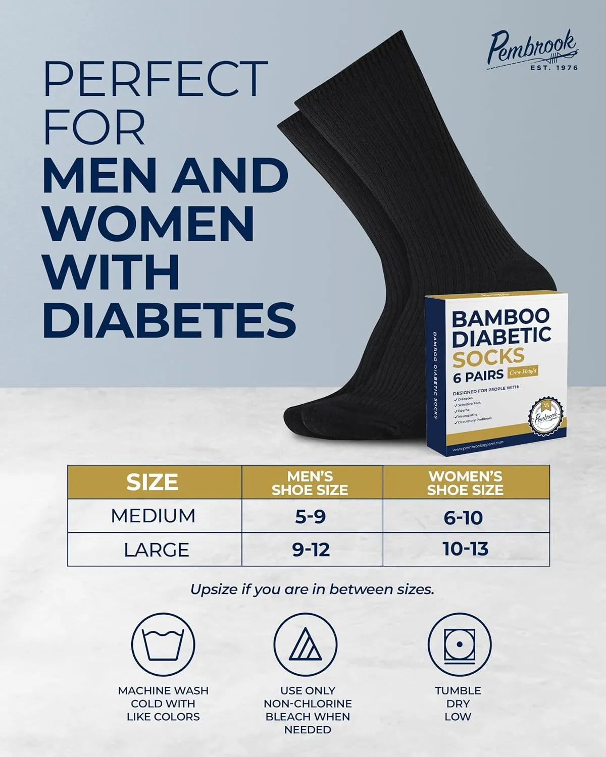 Pembrook Ribbed Knit Bamboo Viscose Diabetic Socks - 6 Pairs Crew Neuropathy Socks for Women | Diabetic Socks for Women