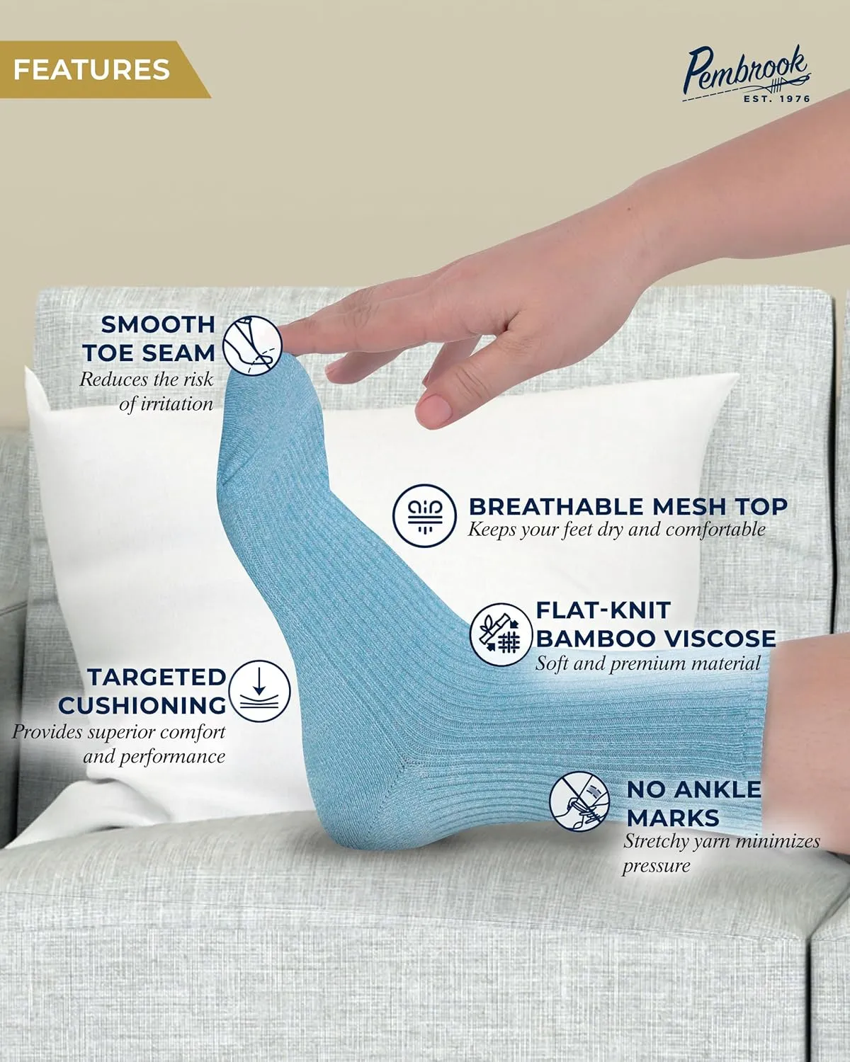 Pembrook Ribbed Knit Bamboo Viscose Diabetic Socks - 6 Pairs Crew Neuropathy Socks for Women | Diabetic Socks for Women