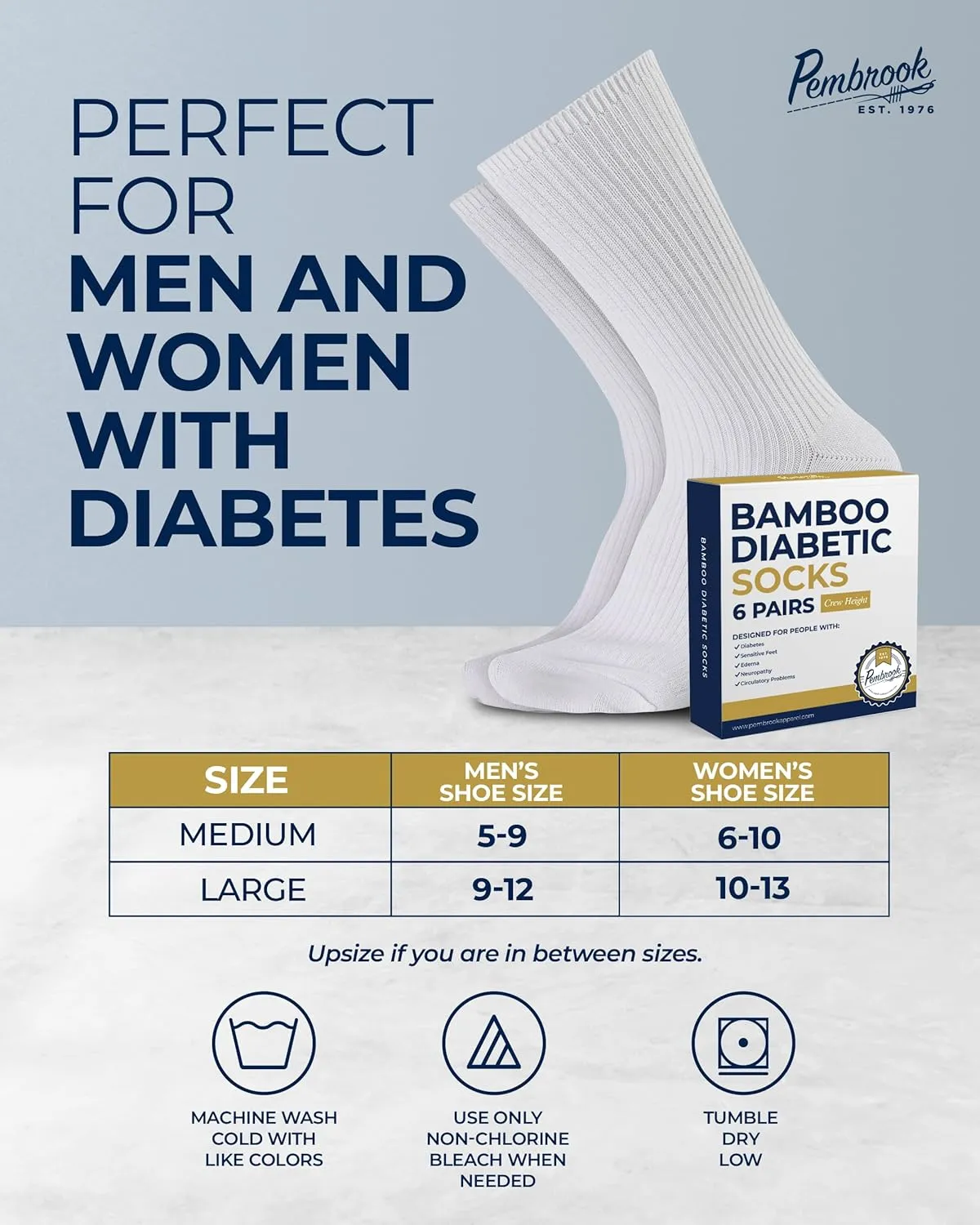 Pembrook Ribbed Knit Bamboo Viscose Diabetic Socks - 6 Pairs Crew Neuropathy Socks for Women | Diabetic Socks for Women