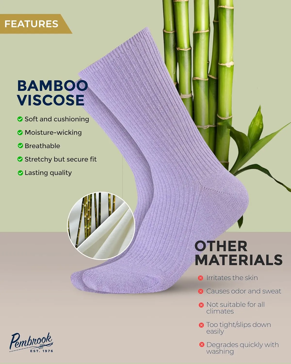 Pembrook Ribbed Knit Bamboo Viscose Diabetic Socks - 6 Pairs Crew Neuropathy Socks for Women | Diabetic Socks for Women