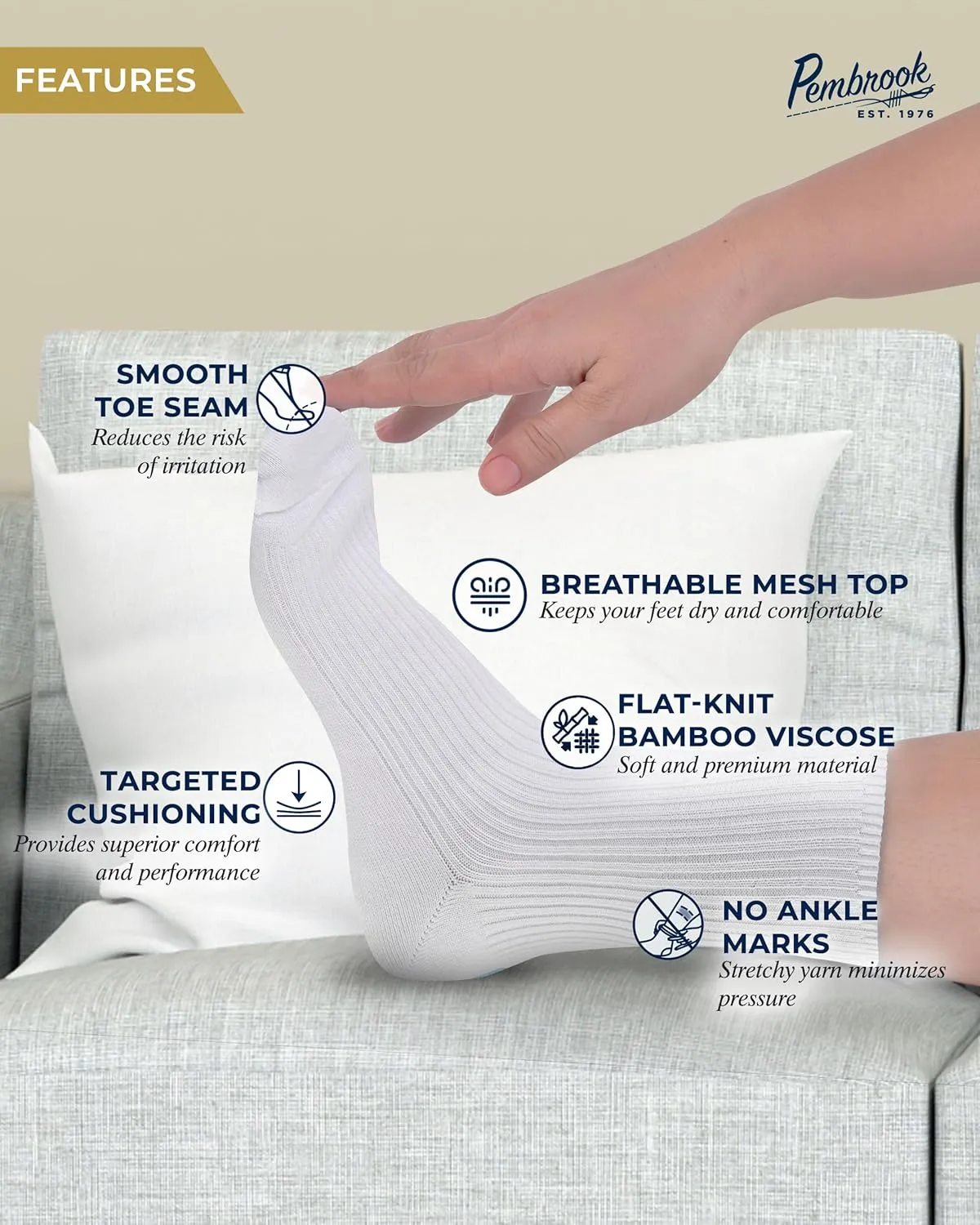 Pembrook Ribbed Knit Bamboo Viscose Diabetic Socks - 6 Pairs Crew Neuropathy Socks for Women | Diabetic Socks for Women