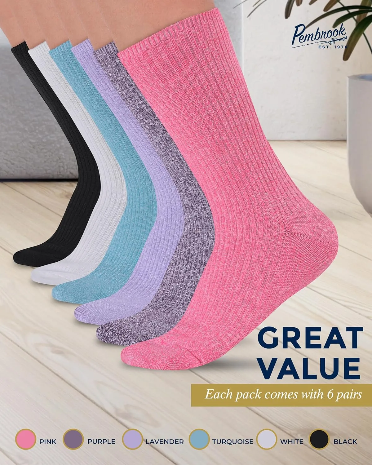 Pembrook Ribbed Knit Bamboo Viscose Diabetic Socks - 6 Pairs Crew Neuropathy Socks for Women | Diabetic Socks for Women