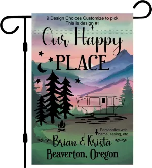 Personalized camper Garden Flag for Campsite, Custom outdoor camping decoration sign, unique yard decor for RV travel trailer, Motorhome, tent, camping enthusiasts (Popup Camper)