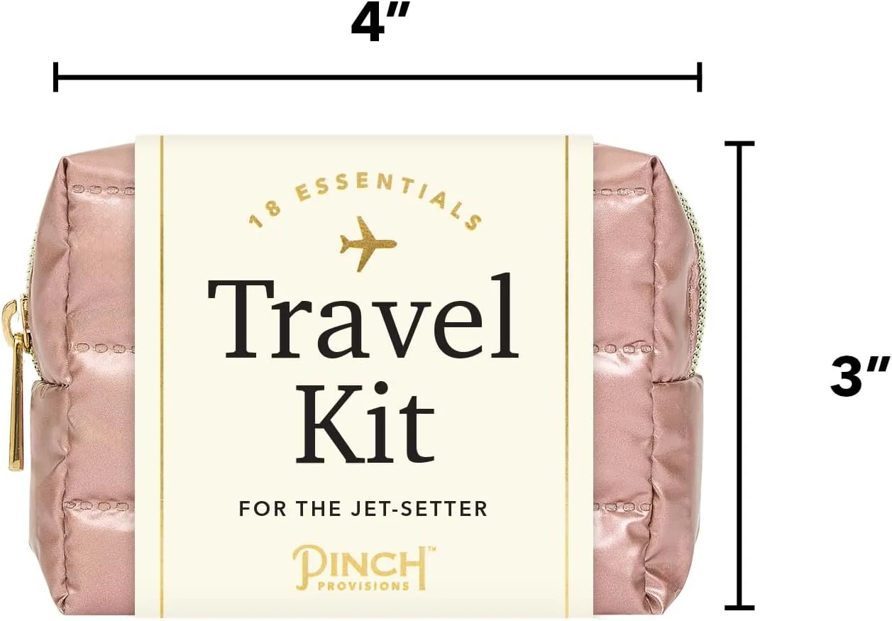 Pinch Provisions Rose Puffer Travel Kit, 18 Must-Have Travel Essentials, Ideal Road Trip or Airport Gift for Friends, Family & Peers, Portable Compact Zipper Pouch