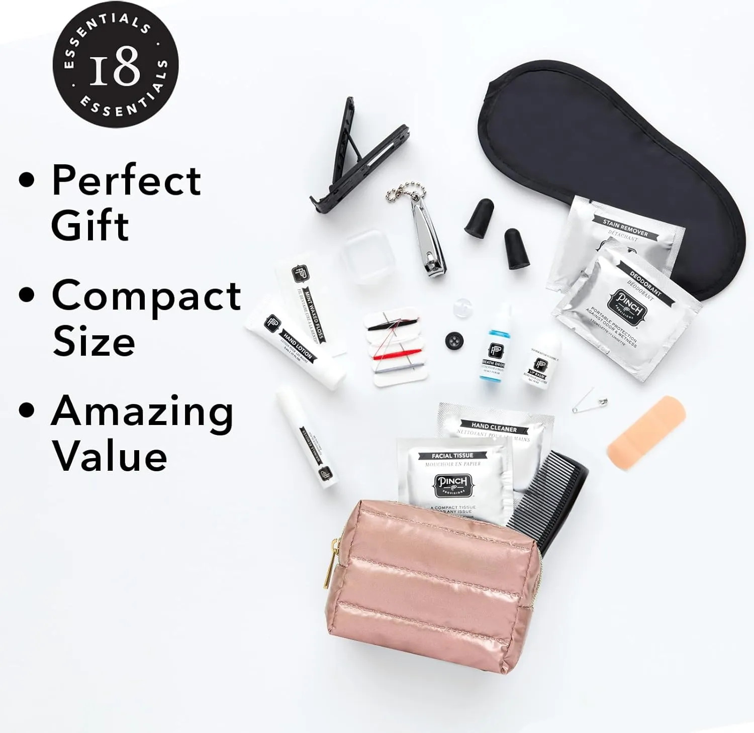 Pinch Provisions Rose Puffer Travel Kit, 18 Must-Have Travel Essentials, Ideal Road Trip or Airport Gift for Friends, Family & Peers, Portable Compact Zipper Pouch