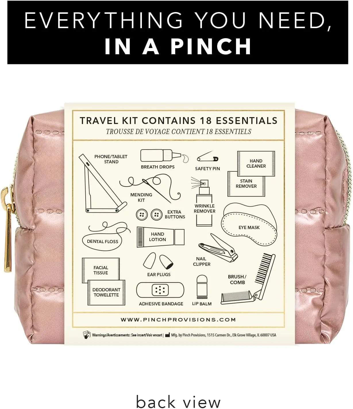 Pinch Provisions Rose Puffer Travel Kit, 18 Must-Have Travel Essentials, Ideal Road Trip or Airport Gift for Friends, Family & Peers, Portable Compact Zipper Pouch