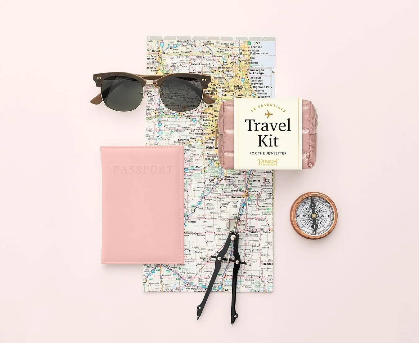 Pinch Provisions Rose Puffer Travel Kit, 18 Must-Have Travel Essentials, Ideal Road Trip or Airport Gift for Friends, Family & Peers, Portable Compact Zipper Pouch