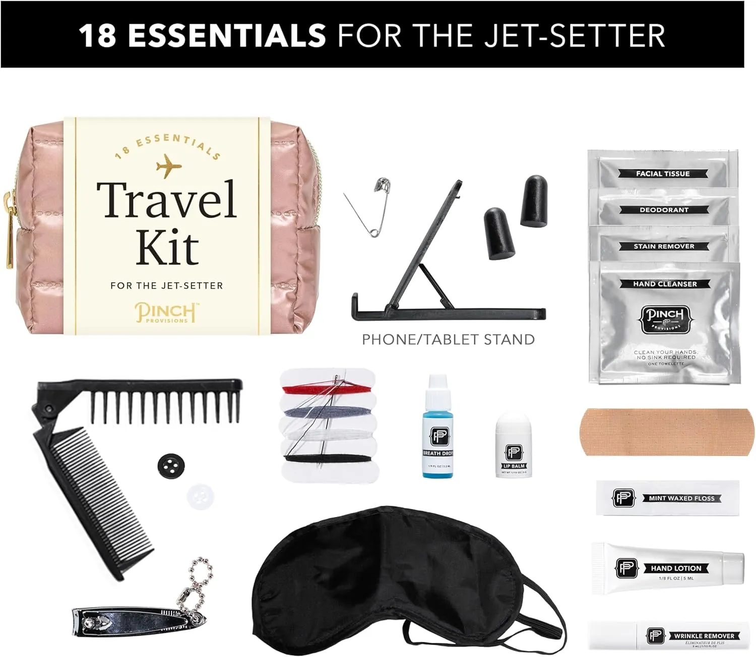 Pinch Provisions Rose Puffer Travel Kit, 18 Must-Have Travel Essentials, Ideal Road Trip or Airport Gift for Friends, Family & Peers, Portable Compact Zipper Pouch