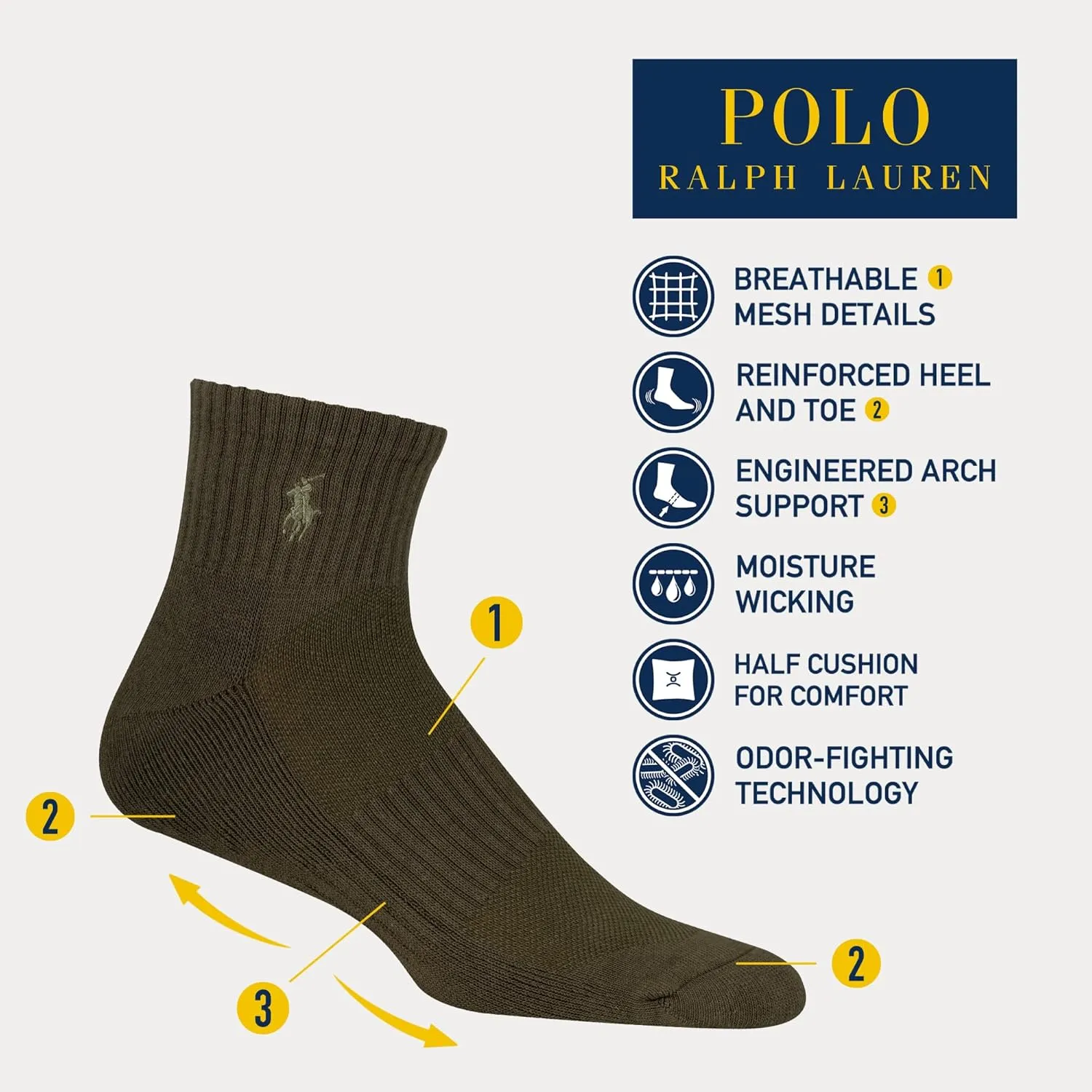 POLO RALPH LAUREN Men's Athletic Performance Cotton Ankle Socks-6 Pair Pack-Moisture Wicking Mesh