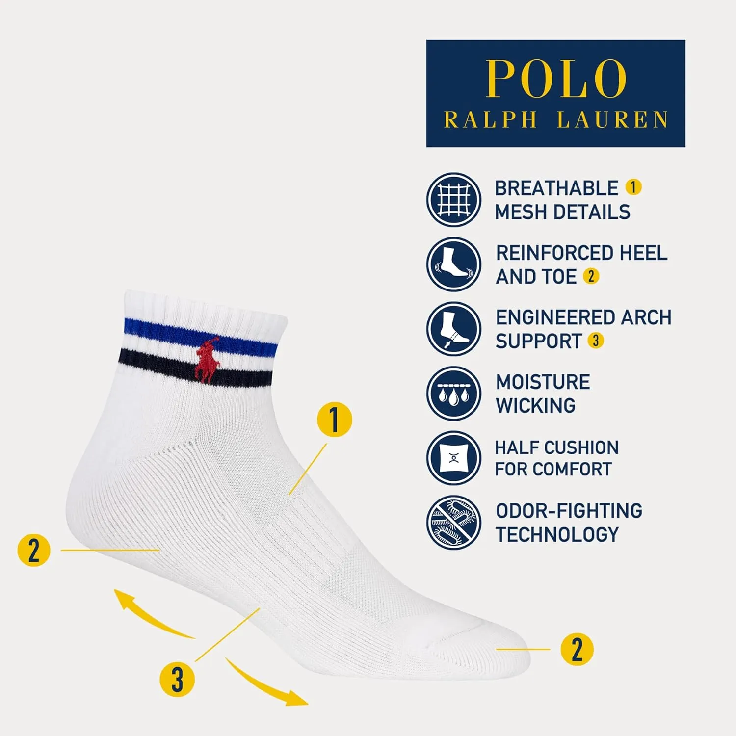 POLO RALPH LAUREN mens Athletic Performance Cotton Ankle Socks - 6 Pair Pack - Moisture Wicking Mesh