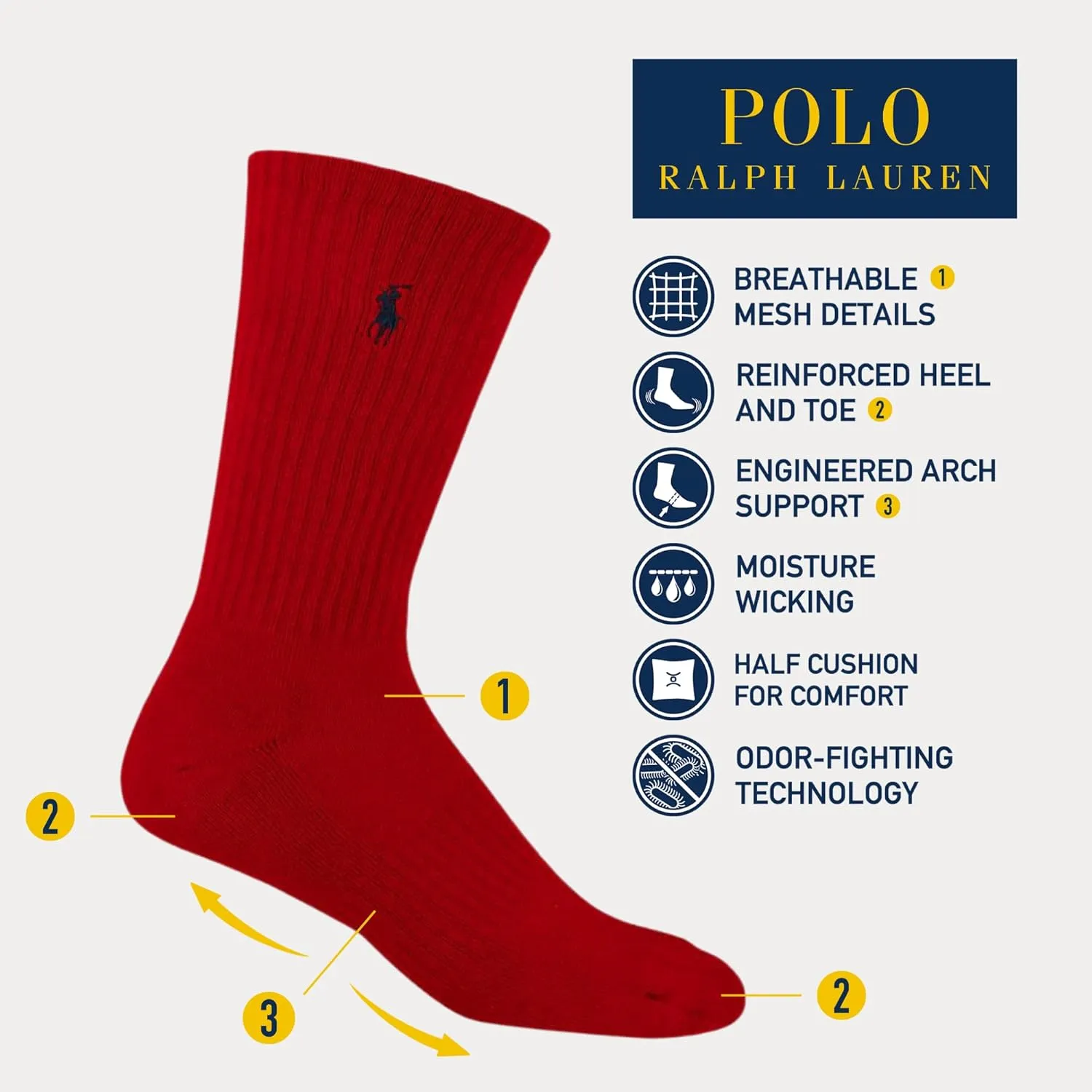 POLO RALPH LAUREN Men's Athletic Performance Cotton Crew Socks - 6 Pair Pack - Moisture Wicking Mesh