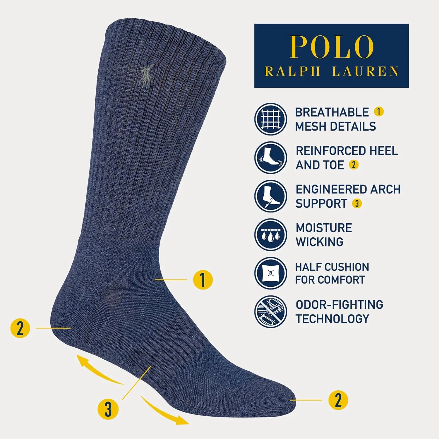 POLO RALPH LAUREN Men's Athletic Performance Cotton Crew Socks - 6 Pair Pack - Moisture Wicking Mesh