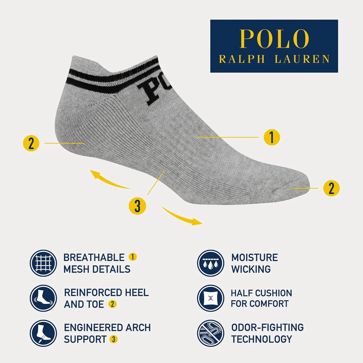 POLO RALPH LAUREN Men's Athletic Performance Cotton Low Cut Socks-6 Pair Pack-Moisture Wicking Mesh